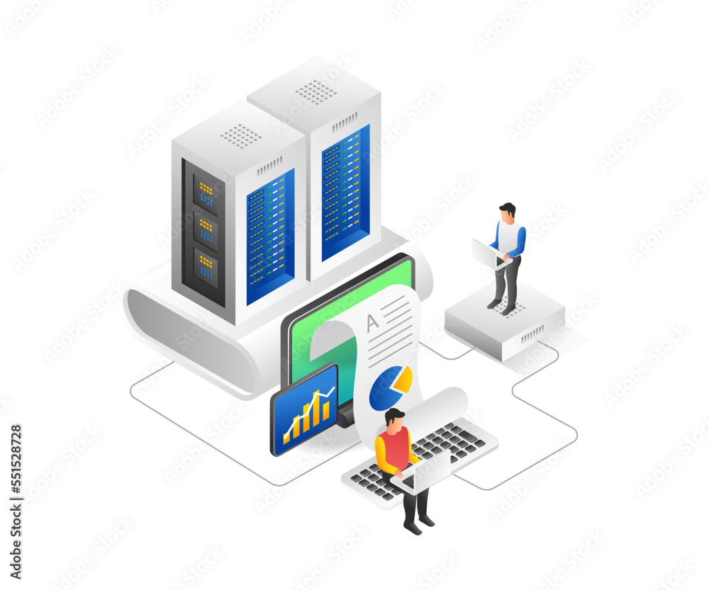 Aufkleber flat isometric illustration concept of team analyzing server