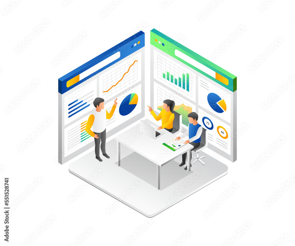 Poster flat isometric illustration concept of team analyzing business data