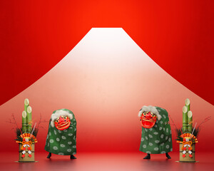 赤い背景に置かれた門松と獅子舞 / 初売り・新春セール用背景素材 / コピースペース / 3Dレンダリング