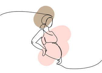 Pregnant woman one line art with colorful elements. Continuous line drawing of pregnancy, motherhood, preparation for childbirth, pregnant model.