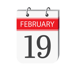 19 february calendar page vector. 3d one day calendar date appointment, event reminder illustration. Abstract three dimensional daily date calendar.
