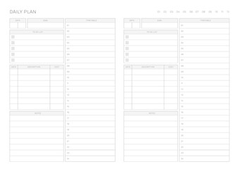 A daily plan design template in a modern, simple, and minimalist style. Note, scheduler, diary, calendar, planner document template illustration.