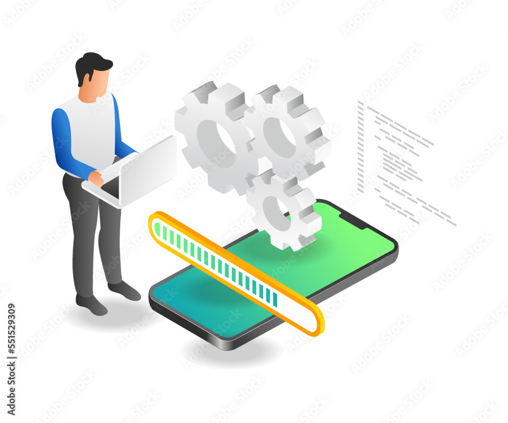 Aufkleber Flat isometric illustration concept of man maintaining update application