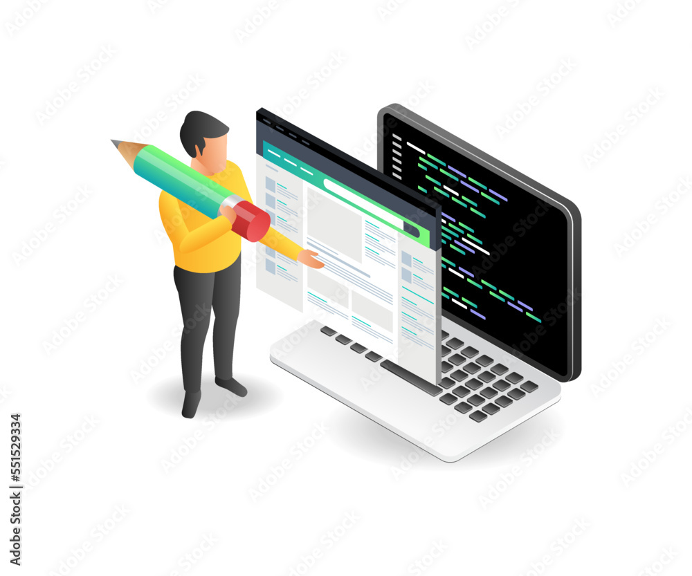 Fototapete Flat isometric illustration concept of man creating webblog page in programming language