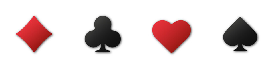 Set collection gambling sign symbol of playing card suits and chips for poker and casino. Hearts, clubs, diamonds and spades on an isolated white background.