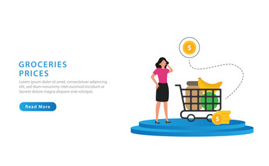 Food price inflantion. Characters buying food in supermarket and worries about groceries price increases. Vector illustration