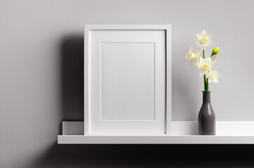 Empty portrait picture frame mockup on white shelf with flowers