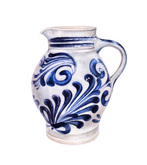 Watercolor illustration of traditional jug of apple wine isolated on white background. German apple wine in an old jug for cider.