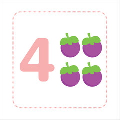 Cartoon Illustration Set of Fruit Flashcards with Numbers. Number Four with mangosteen
