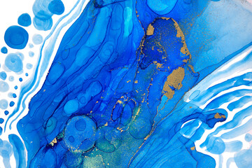 Watercolor Abstract Background with Blue and Gold Bubbles, Waves and Dots. Design Template for Greeting Card.