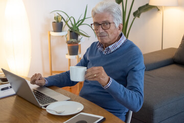 Senior businessman looking at camera while sitting at table. Gray-haired man in casual clothes holding cup of coffee, using laptop while working in home office. Retirement, digital device concept