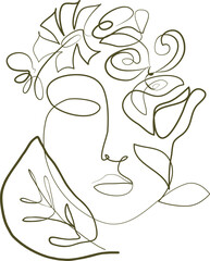 Abstract portrait of girl with flowers drawing in outline style