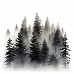 foggy spruce forest. Fir trees isolated on white background