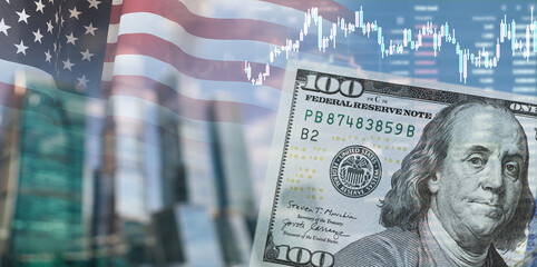 USA. Stock trading concept. American flag background.