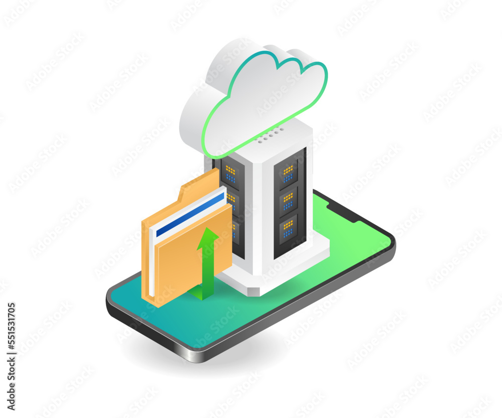 Poster concept isometric illustration of smartphone data cloud server