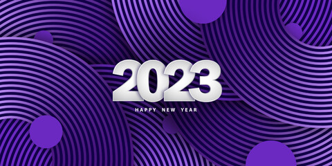 Happy new year 2023. Festive background with numbers 3D. Violet backdrop with circles. Holiday layered banner. Vector illustration. Design poster, wallpaper. Stock.