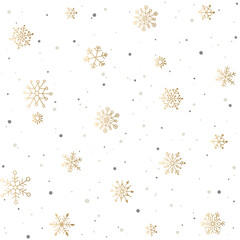 Cartoon gold snowflakes. Snow background.