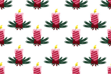 Fototapeta na wymiar Viva magenta seamless pattern with christmas candles on white background. Candle set with pine branch and violet bow. 