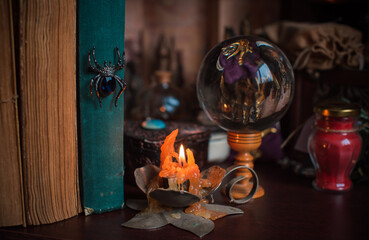  Illustration for occultism concept. Magical attribute, witchcraft concept, Candle fire, Spells and other rite
