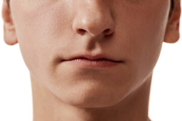 Obraz premium Cropped image of male face, nose and lips over white background. Face cosmetics. Concept of male beauty, skincare