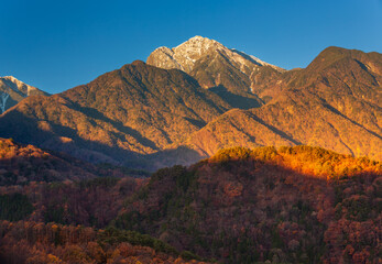 北杜市から秋色に輝く朝の南アルプス、甲斐駒ヶ岳、アサヨ峰