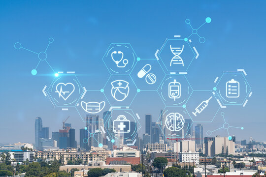 Los Angeles panorama skyline of downtown at day time, California, USA. Skyscrapers of LA city. Hologram healthcare digital medicine icons. The concept of treatment from disease, Threat of pandemic