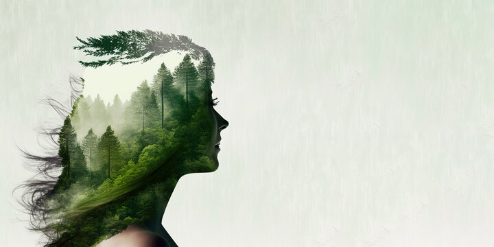 Concept of environment caring devotion, business sustainability and global warming protection shown by woman and green forest double exposure image