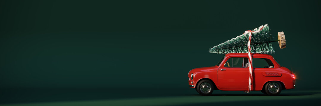 Red retro car with Christmas tree on green background.
Christmas is coming concept 3D Rendering, 3D Illustration