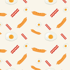 Breakfast food seamless pattern background. Egg, sausage, bacon, Morning breakfast, traditional ornament for fashion textile, cloth, cartoon illustration Vector.