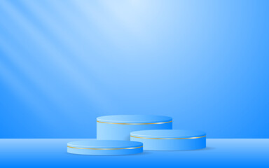 Multi-layered blue podium with elegant gold lines for product presentation. cosmetic product display. vector illustration
