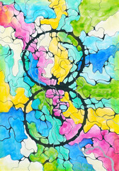 Hand drawn Neurographic illustration with infinity sign. Colorful painting drawn with black marker and watercolors. Neurographic is Art therapy, Art for Healing and meditation.