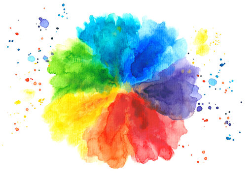 Colorful watercolor abstract background rainbow style in a form of a flower with splatter. Isolated on white background.