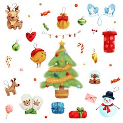 Fototapeta na wymiar New Year and Christmas set. Cartoon characters. Gifts and holiday sweets