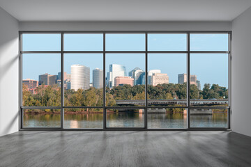 Empty room Interior Skyscrapers View. Cityscape Downtown, Arlington City Skyline Buildings from Washington. Window background. Beautiful Real Estate. Day time. 3d rendering. - obrazy, fototapety, plakaty