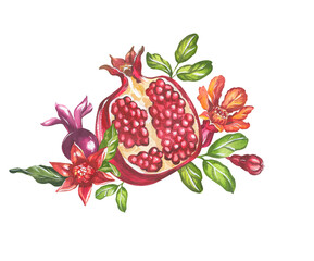 Pomegranate fruit and flowers. Watercolor illustration of pomegranate. Botanical illustration for package and postcard design.