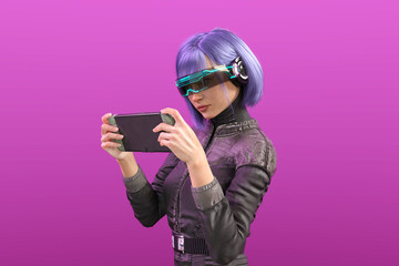 Digital avatar playing game in metaverse virtual world, 3d render