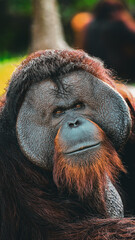 very close up of Orangutan looking at you , orang-utan, orangutang, or orang-utang old animal rests in the tropical rainforest