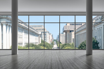 Empty room Interior View Cityscape Washington City Skyline Window background. Beautiful Real Estate. Day time. 3d rendering.