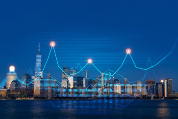 Obraz na płótnie Canvas Skyscrapers Cityscape Downtown View, New York Skyline Buildings. Beautiful Real Estate. Night time. Forex Financial graph and chart hologram. Business education concept.