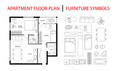 Plan floor apartments set. Icon design elements kitchen, bedroom, bathroom with furniture symbols. Studio, condominium, flat, house. Two bedroom apartment. Vector architecture 2D floor plan.