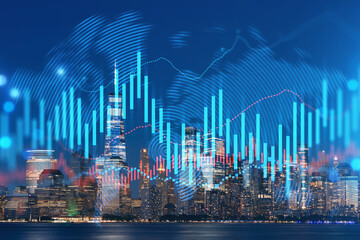 Fototapeta na wymiar Skyscrapers Cityscape Downtown View, New York Skyline Buildings. Beautiful Real Estate. Night time. Forex Financial graph and chart hologram. Business education concept.
