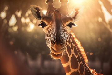 Picture of a giraffe taken up up and personal in bright sunshine. - obrazy, fototapety, plakaty