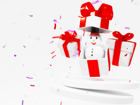 3D rendering,concept of christmas ,snowmen in white gift box open with red pastel ribbon bow isolated on a white background. 3d render modern holiday surprise box.