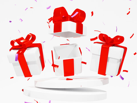 3D rendering,concept of celebration ,white gift boxes open with red pastel ribbon bow isolated on a white background. 3d render modern holiday surprise box.