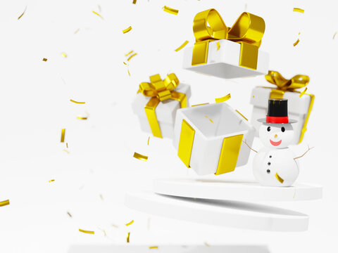 3D rendering,concept of christmas ,snowmen with white gift box open with golden pastel ribbon bow isolated on a white background. 3d render modern holiday surprise box.