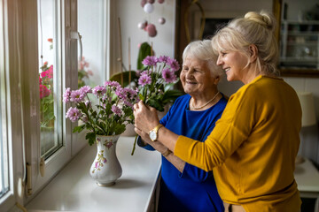 Woman spending time with her elderly mother at home
