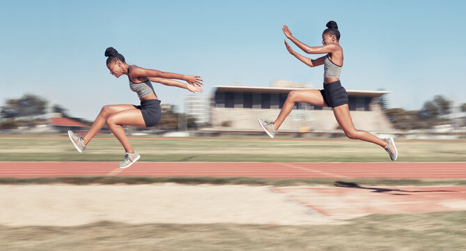 Time Lapse, Long Jump And Woman Running, Jumping And Cross In Sand Pit For Fitness, Training And Exercise. Sequence, Jump And Black Woman Leap, Fit And Workout, Energy And Sports Practice At Stadium