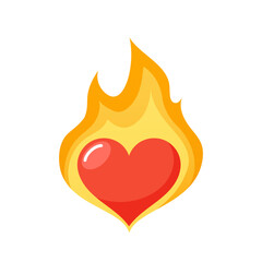 Red Heart in Flame, Romantic Element for for Valentines Day or Wedding Greeting Card. Love and Loving Relations Symbol