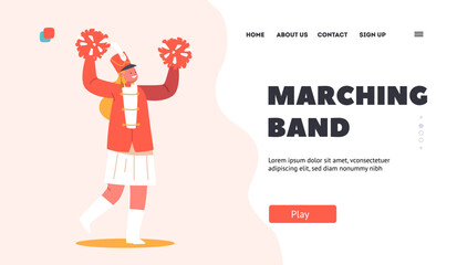Marching Band Landing Page Template. Parade Celebration, Musician Girl Character Walking with Pompons during March