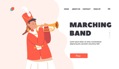 Marching Band Landing Page Template. Happy Girl in Uniform Play Festival Music With Horn during Parade or School Concert